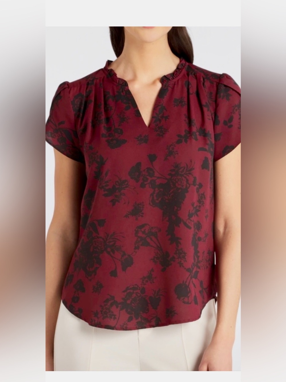 41 Hawthorn Wine and Black Floral Split V-Neck Tulip Sleeve Blouse - Sz Medium!